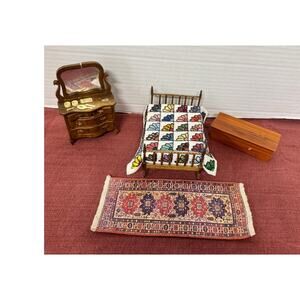 Vintage Miniature Dollhouse Bedroom Set – Handmade Bed Quilt and more